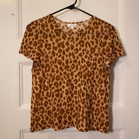 A.L.C. Bambina Leopard Print Short Sleeve Crewneck T-Shirt Brown Sz Small - Picture 3 of 10